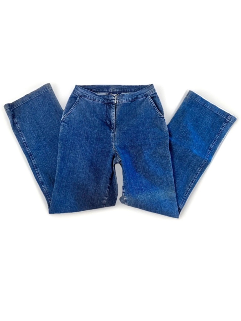 🐟DENIM & CO🐟 MID-RISE SLASH SLIT POCKET STRETCH STRAIGHT WIDE LEG TROUSER JEANS